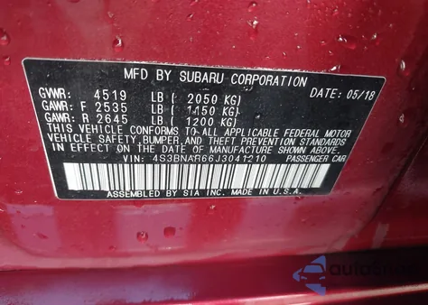 2018 Subaru Legacy 2.5I Sport из США, поврежденный, VIN 4S3BNAR66J3041210